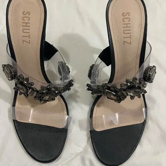 Schutz Laureen Mules Deluxe Nappa Black Crystal Embellished Party Heels - Picture 2 of 6